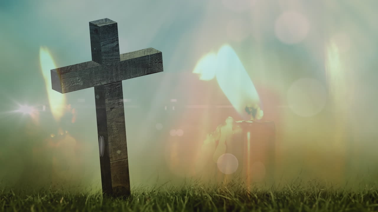 십자가와 풍경 위에 빛나는 불빛의 애니메이션