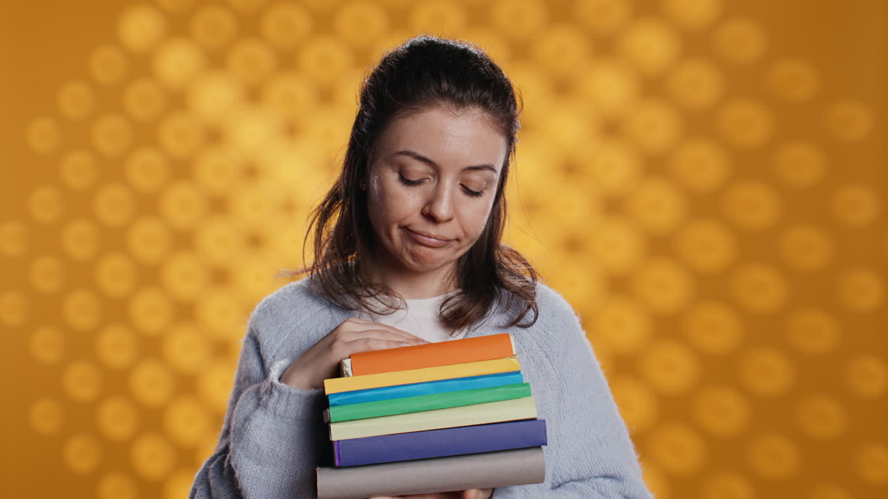 Sulky lady with stack of novels doing thumbs down hand gesturing