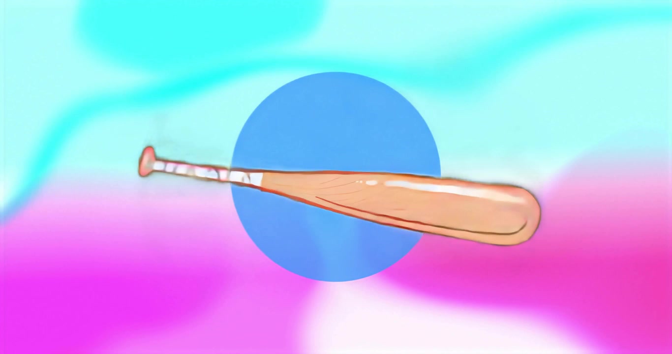 Opening triggers flat cartoon wooden bat rotating around midpoint demonstrating smooth motion