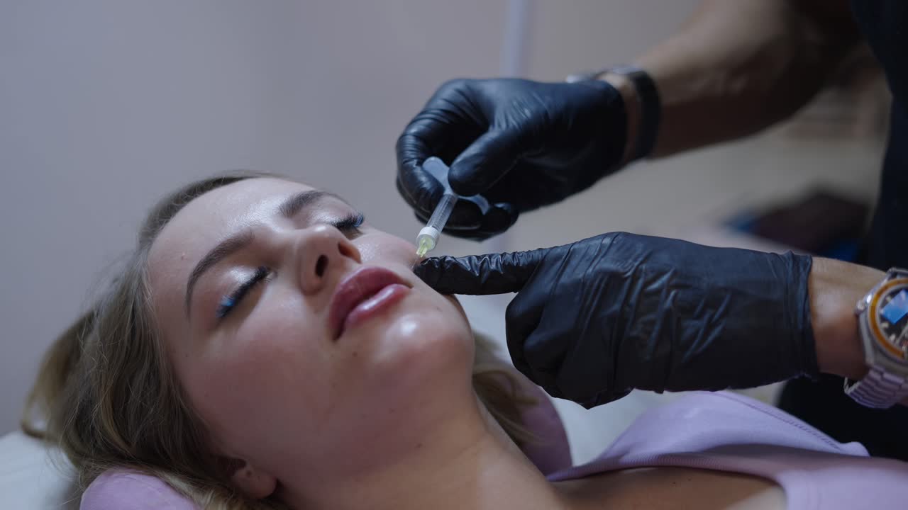 Woman receiving a cosmetic injection on her face