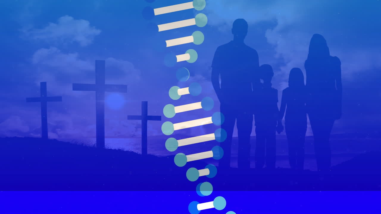 DNA strand animation over silhouettes of people and crosses against blue sky
