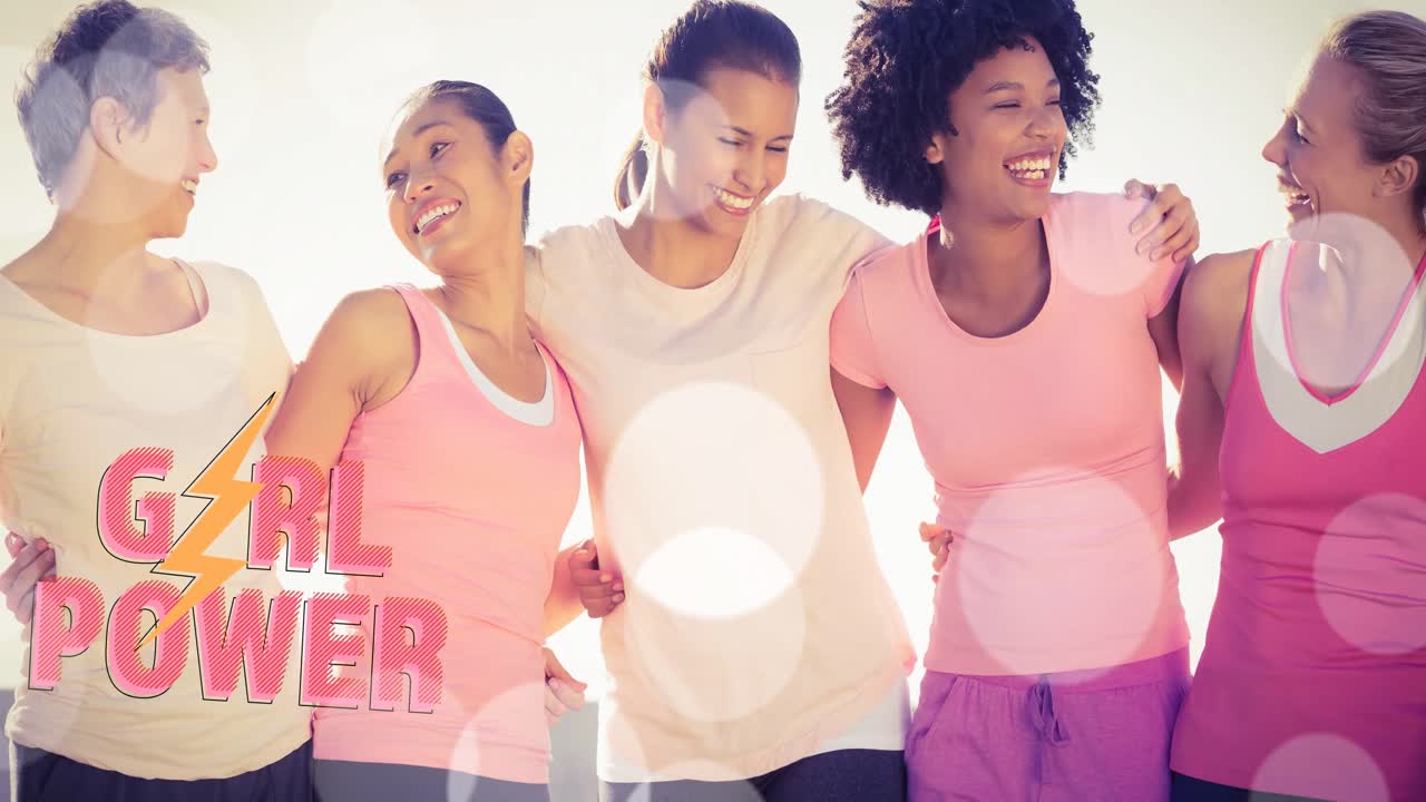 소녀 파워 텍스트의 애니메이션 다양한 그룹의 다양한 그룹의 웃는 여성