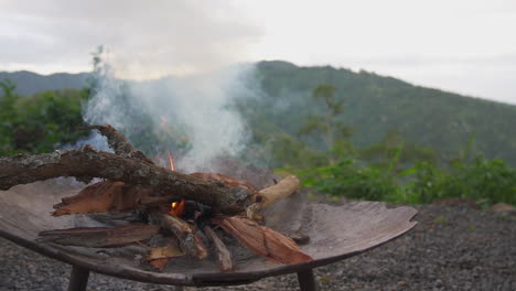 Campfire-overlooking-green-rainforest-mountain-and-valley