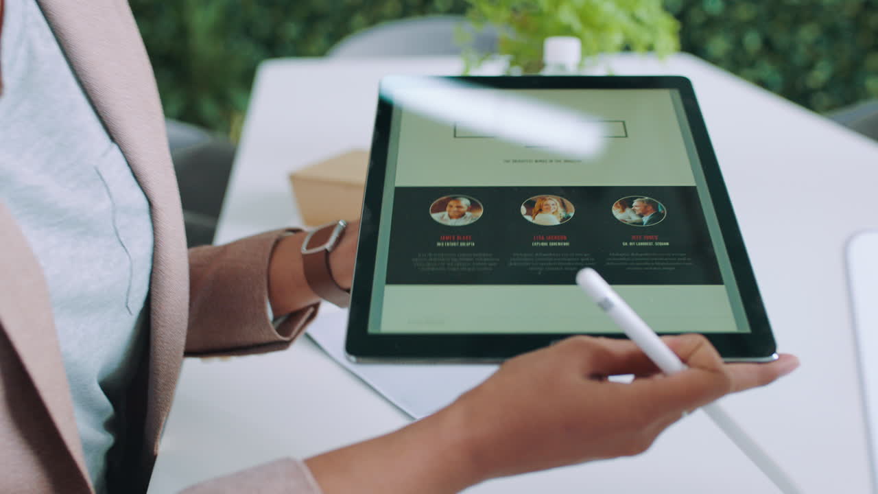 Professional Woman Scrolling Through Digital Presentation on Tablet
