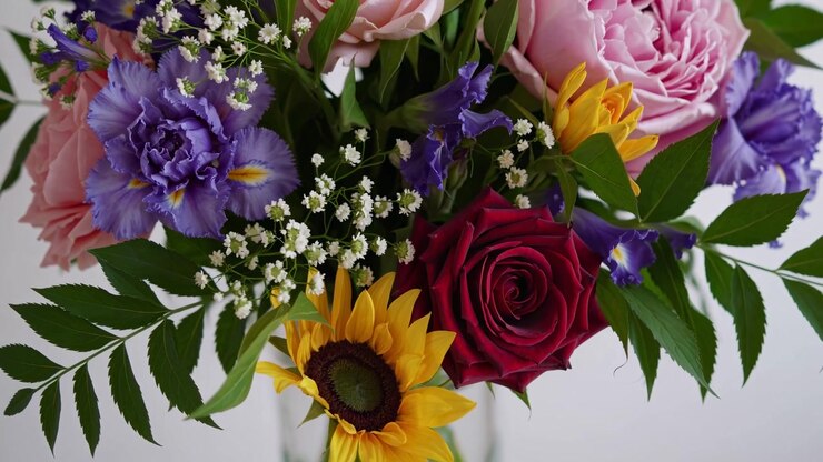 Nahaufnahme eines lebendigen, gemischten Blumenstraußes in einer Vase