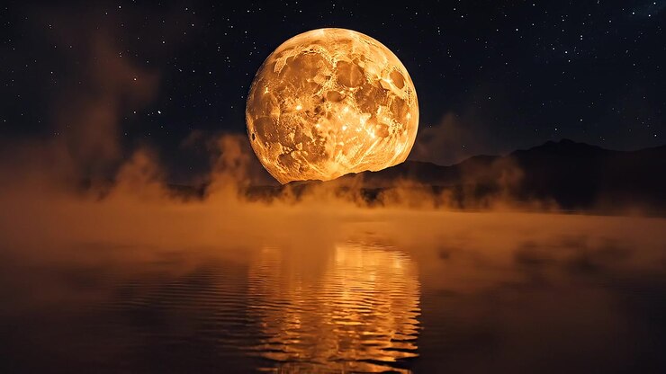 Lua Dourada Gigante Refletindo Sobre Lago Nebuloso à Noite