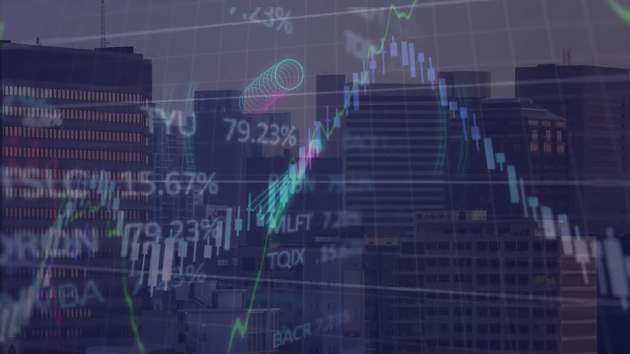 animación del procesamiento de datos financieros y bursátiles frente a la vista aérea de edificios altos.