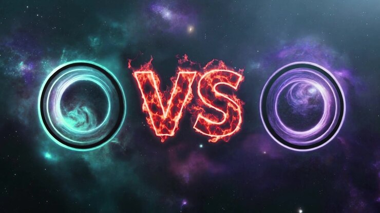 Testo Versus con lettere fiammeggianti su sfondo cosmico