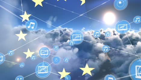 red de iconos digitales sobre la bandera de la ue contra las nubes en el cielo
