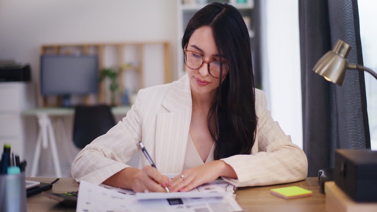 mujer de negocios segura llena documentos y calcula las finanzas de la empresa en una calculadora mientras trabaja en la oficina