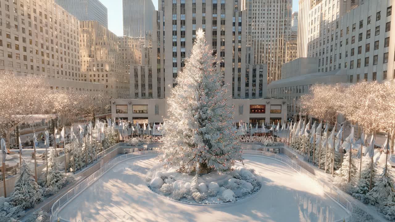 A Stunning Winter Wonderland: The Majestic Christmas Tree Illuminates the Ice Rink Surrounded by Sparkling Snow and Festive Decorations in a Vibrant Cityscape