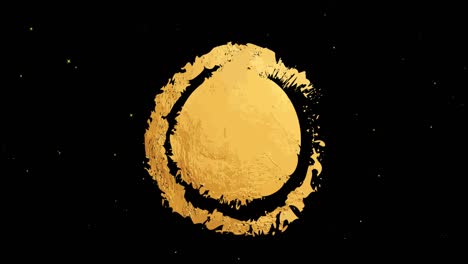 animation of gold circle and ring over white stars moving on black background