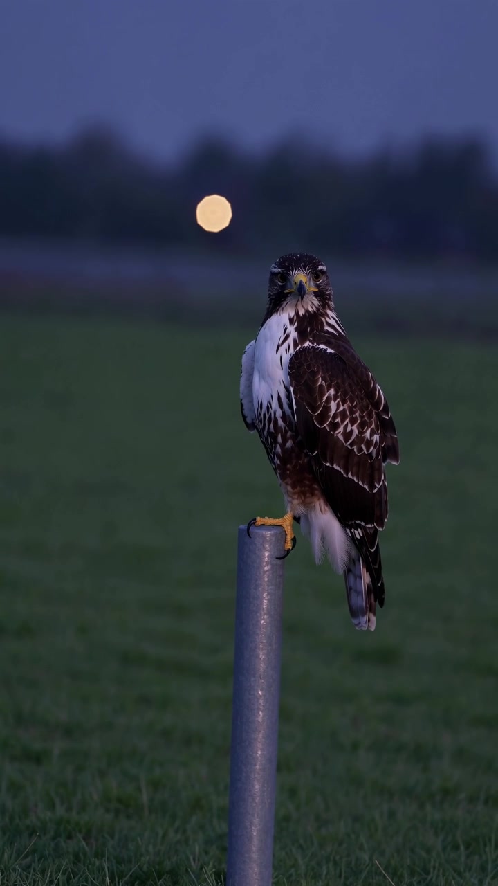 Majestätischer Bussard auf einem Pfahl im Mondlicht bei Nacht
