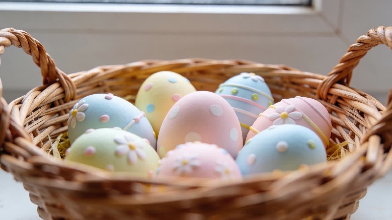 Zooming camera bringing central pink egg into sharp focus on windowsill, revealing wicker texture