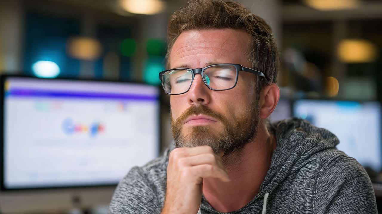 Thoughtful Man in Glasses Deep in Contemplation While Working at Computer with Focused Expression Captured in Two Frames