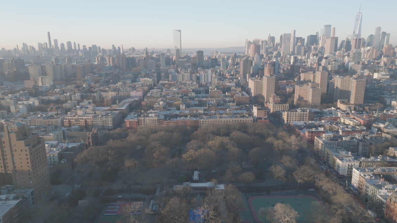 Aerial view of Tompkins Square Park . Shot at sunrise in Lower Manhattan