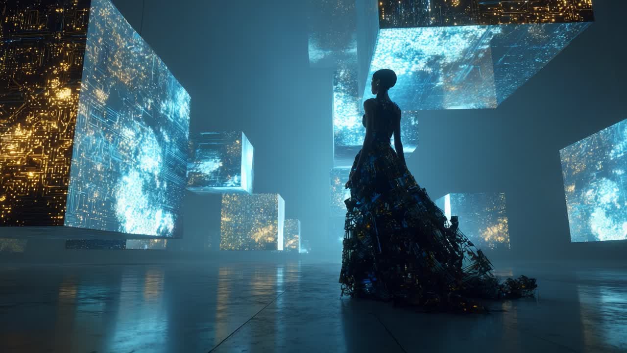 A woman in a futuristic digital world