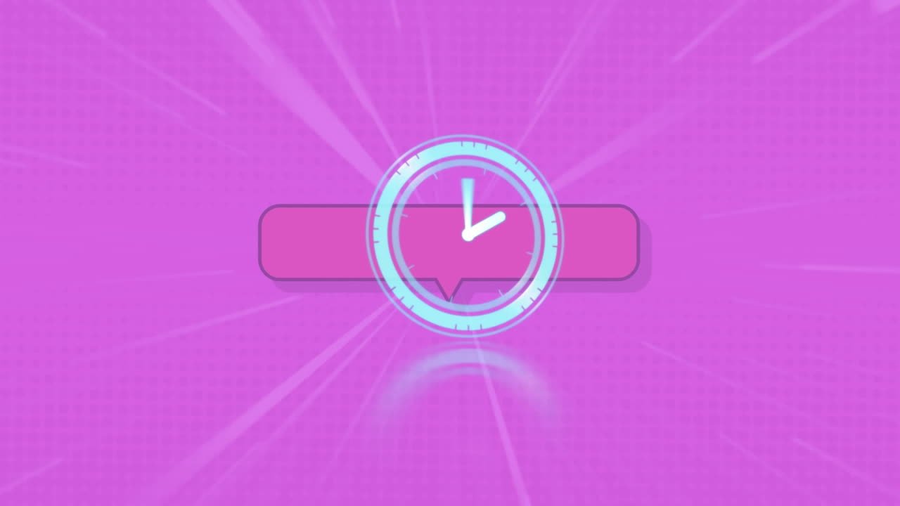 animação de relógio movendo-se rapidamente sobre bolha de fala rosa em fundo roxo.