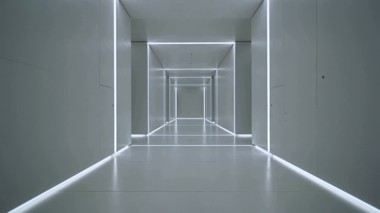 Movimento di telecamera scorrevole che avanza, rivelando un corridoio bianco con LED lineari e pannelli di accesso.