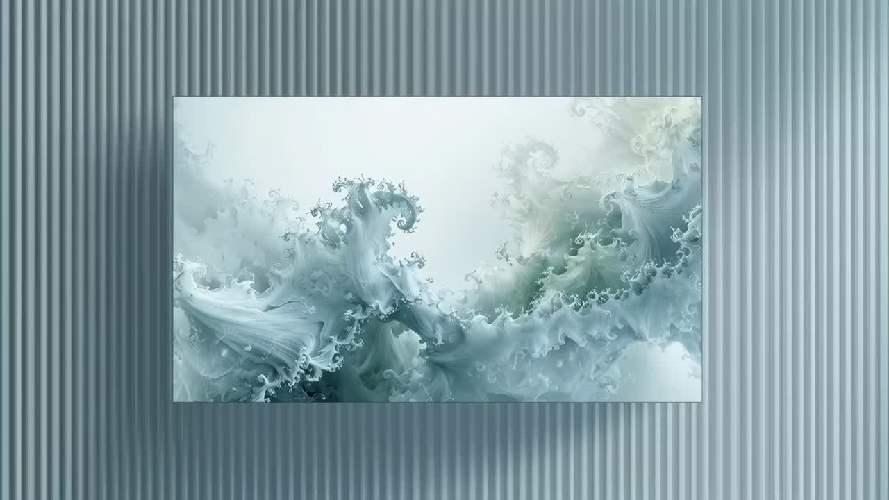 Panning camera moving downward and zooming to center mounted panel display on ribbed gallery wall