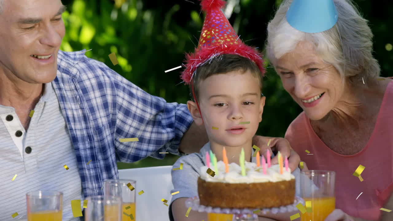 animación de confeti sobre la familia en la fiesta de cumpleaños