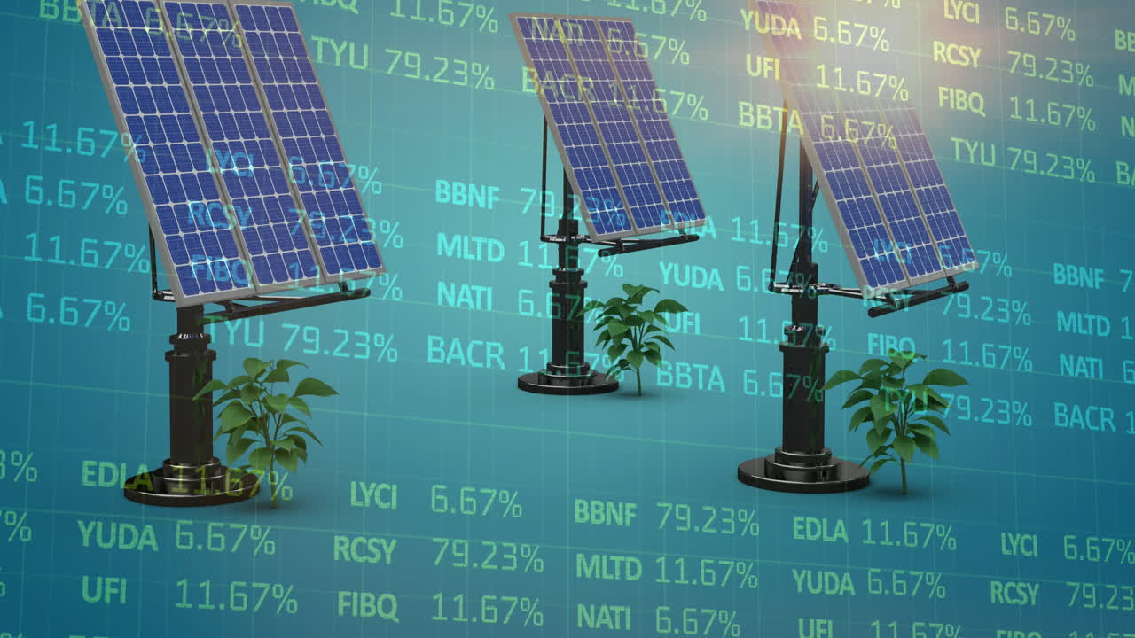 3개의 태양광 패널을 통해 주식 시장 데이터 처리의 애니메이션과 플랜트 플링