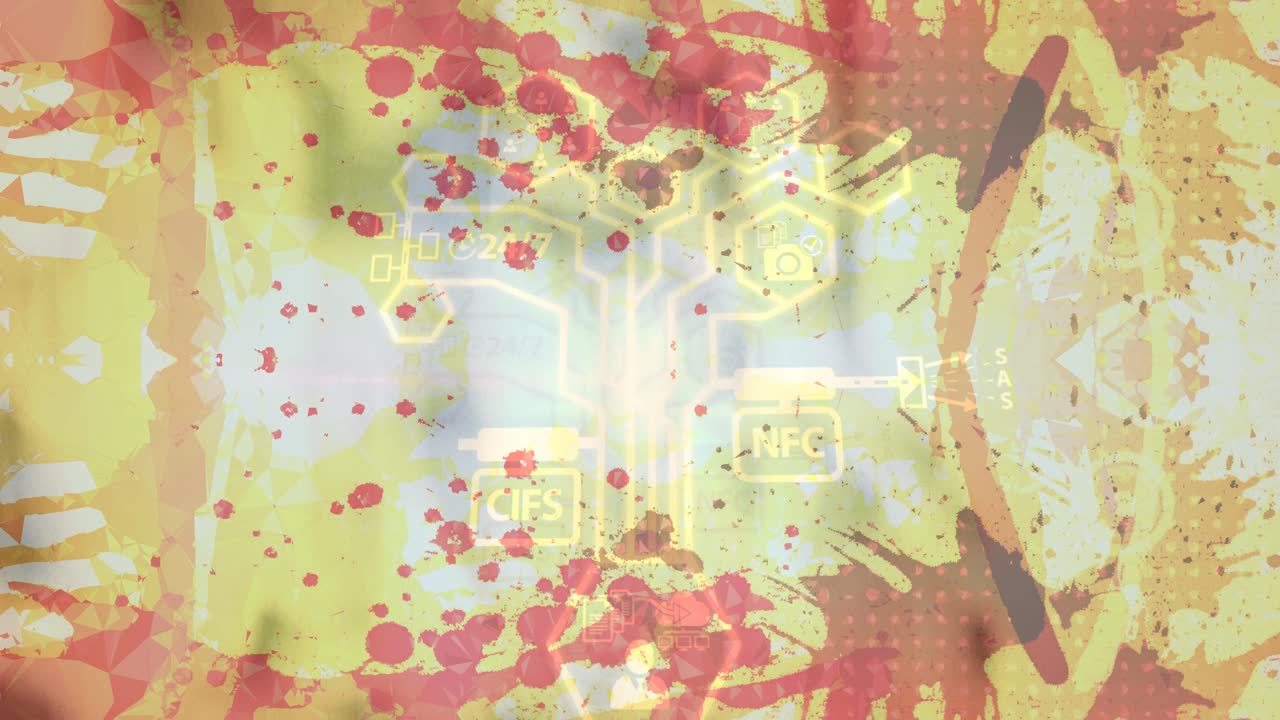 노란색 배경 위에 디지털 아이콘으로 연결 네트워크의 애니메이션