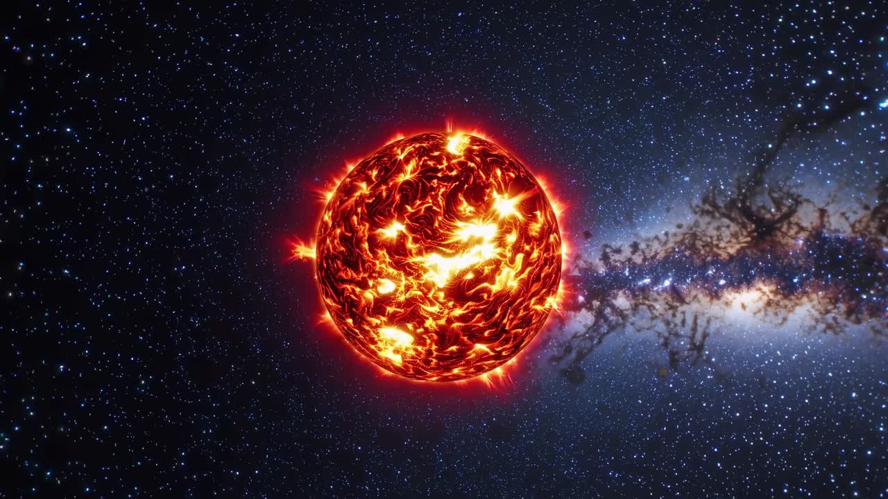 A cosmic video scene with a fiery planet against a starry backdrop