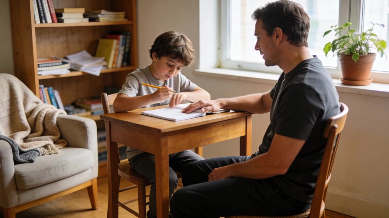 Ragazzo in età scolare che scrive con una matita gialla a una scrivania di legno a casa, mentre il padre tocca il quaderno guidandolo.