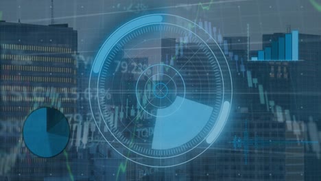 Animation-of-round-scanner,-statistical-and-stock-market-data-processing-against-view-of-cityscape