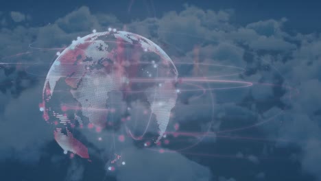 Animation of network of connections with globe over clouds in background