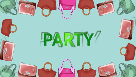 animation of party text with bags on blue background