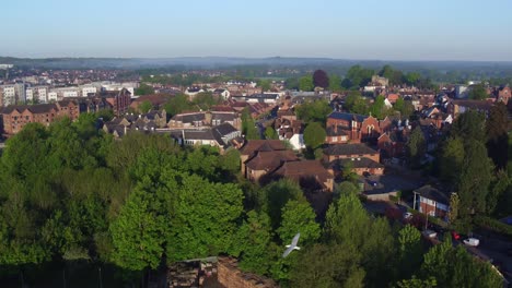 Rising-aerial-shot-with-seagulls-which-reveals-the-historic-town-of-Tonbridge,-Kent,-UK