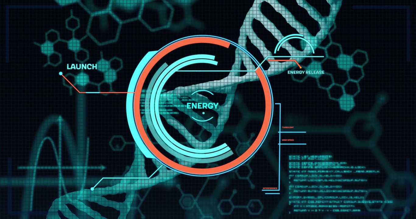 Code emerging triggers energy gauge animating around cyan helix showing launch and capacity rising