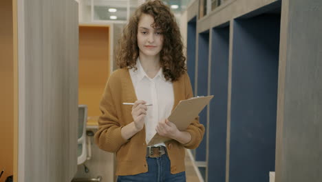 woman inspecting office furniture