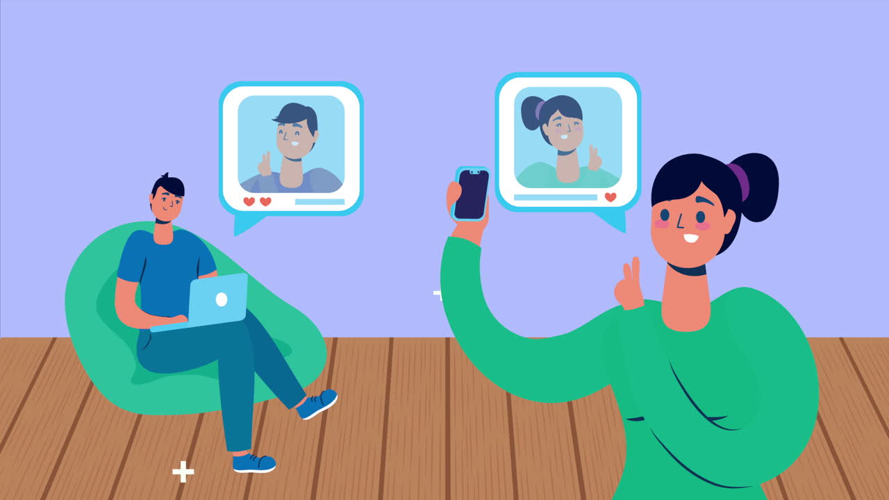 couple using smartphone with bubbles social media