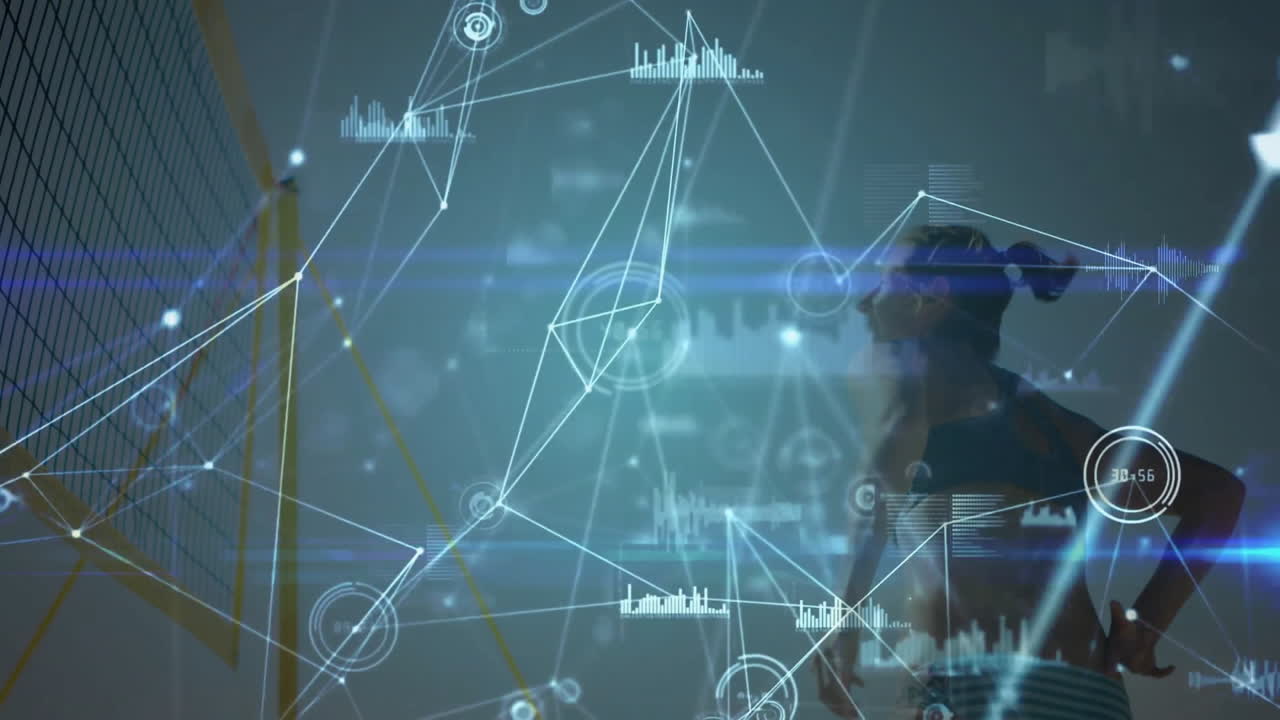 Network of connections and data processing animation over person playing volleyball