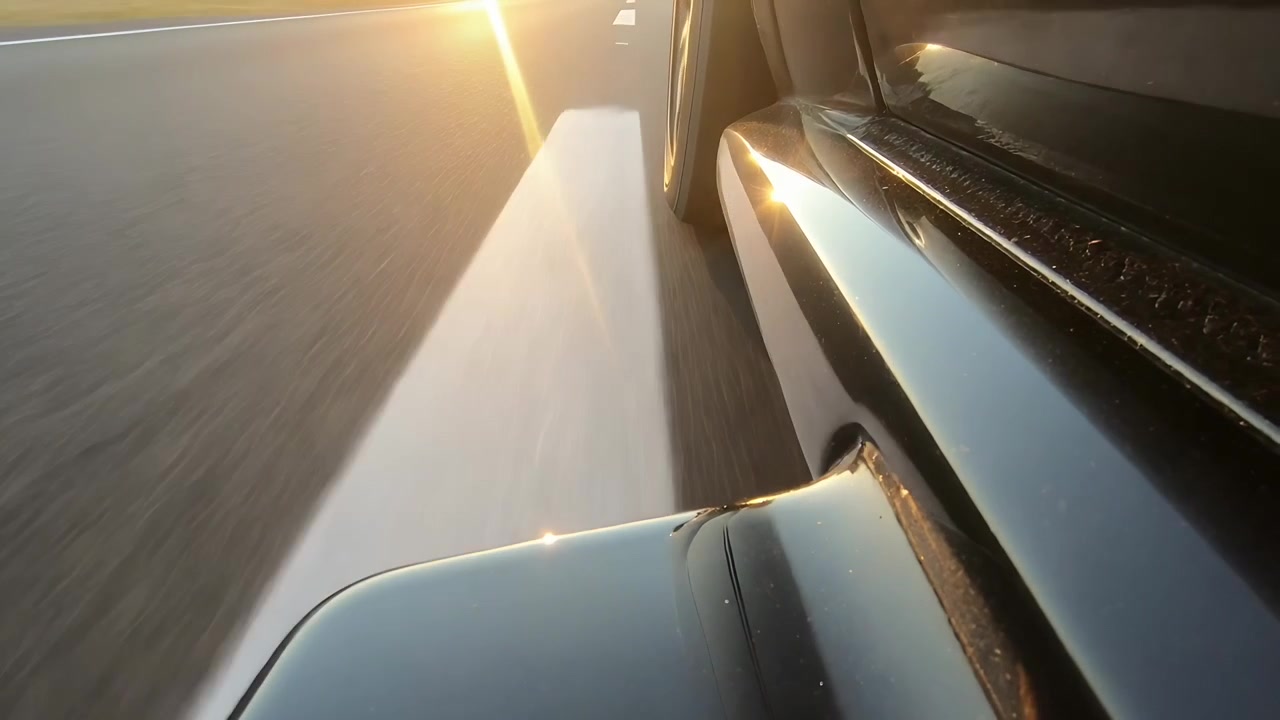 Parafango che riflette la strada, mostrando i riflessi mentre il sole si avvicina all'orizzonte e il veicolo è in movimento, con spazio per il testo.