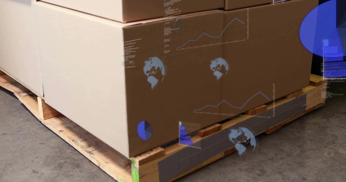 Blue holographic data overlay forming on stacked boxes while camera shifting showing supply trends