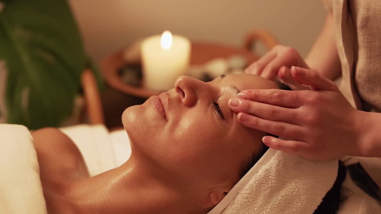 Nærbilledvideo af en afslappende ansigtsmassage, filmet fra siden, varm belysning
