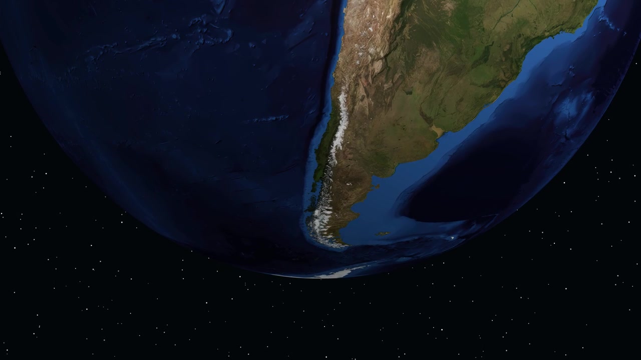 Digital globe rotates and zooms into South America, highlighting Puerto Montt with informational text