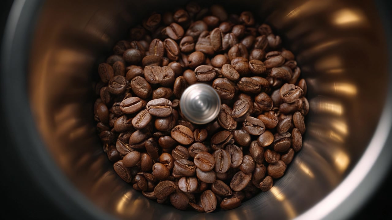 Et nærbillede af ristede kaffebønner inde i en kværn, der fanger den rige tekstur og farvevariationer fra hele bønner til malet kaffe.