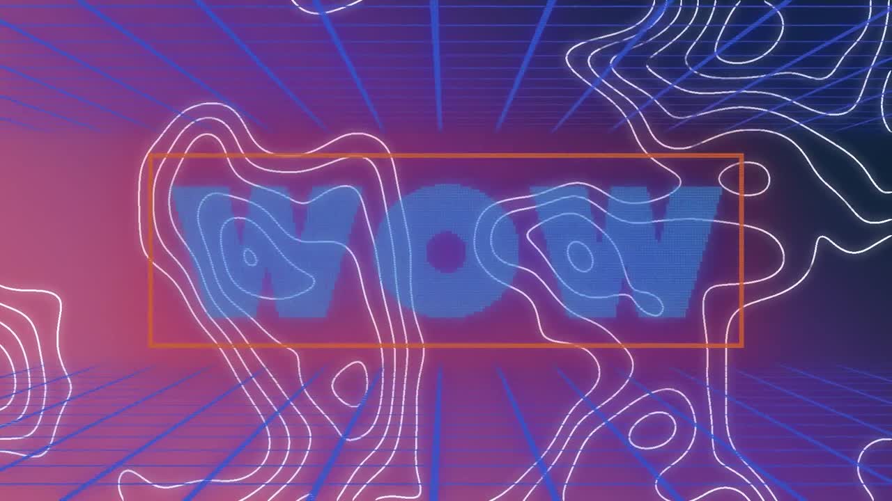 animación del texto wow en letras azules sobre líneas blancas