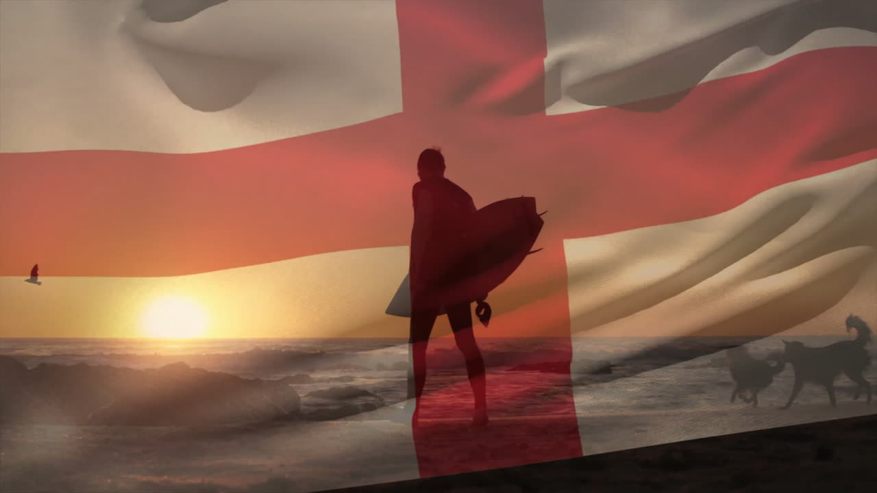 영국 발의 애니메이션: 백인 남자가 서프 보드를 들고 해변에서 개와 함께 고 있습니다.