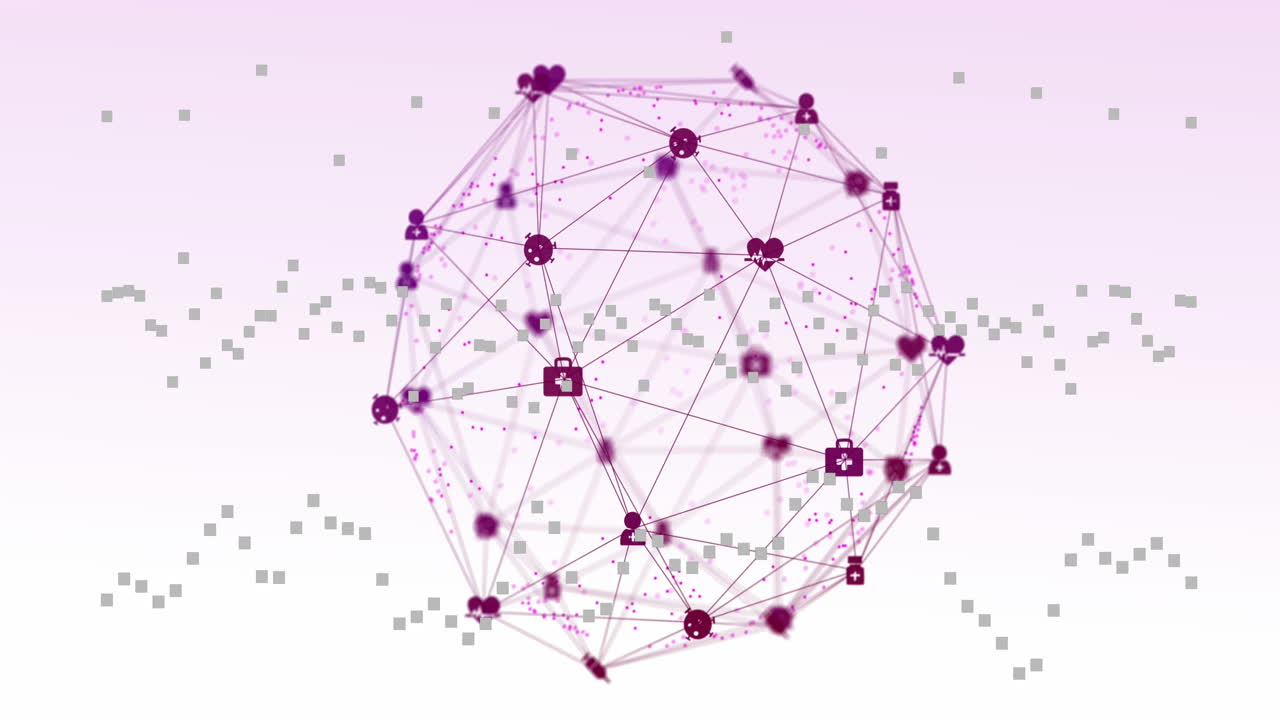 animación de iconos médicos conectados con líneas que forman globos y cuadrados sobre fondo blanco.