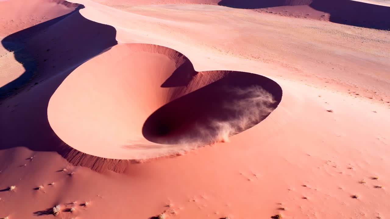 Duna a forma di mezzaluna in movimento che rilascia pennacchi di sabbia in una conca, reagendo alle raffiche nel deserto visto dall'alto