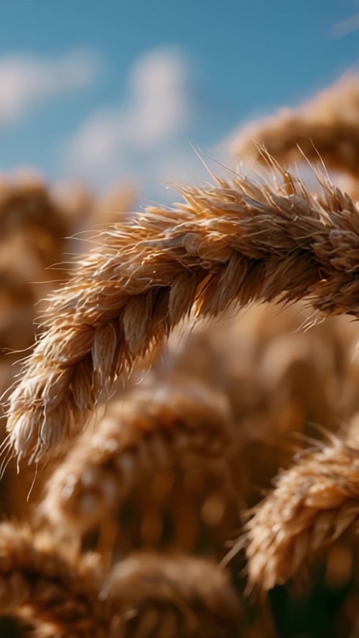 Primer plano de espigas de trigo doradas ondeando con la brisa bajo un cielo azul brillante, capturando la belleza de los campos agrícolas y la generosidad de la naturaleza