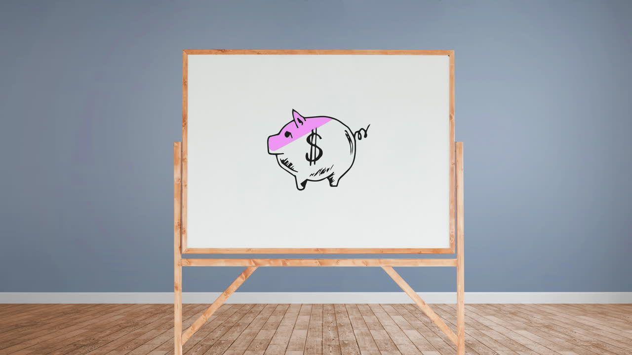 dibujo de una alcancía en una pizarra blanca