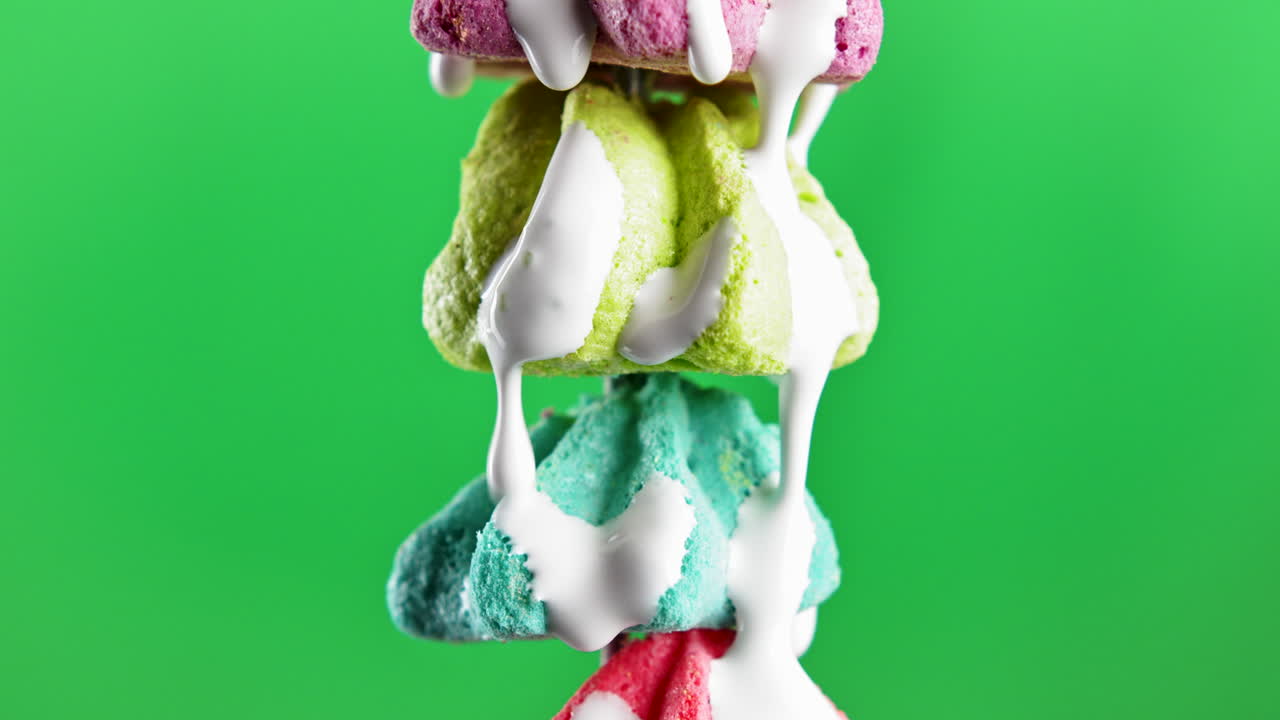 merengue de colores apilados con crema batida rociada