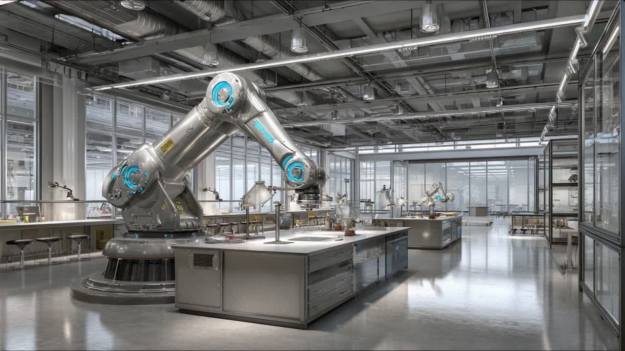 Advanced Robotics: A High-Tech Laboratory Showcasing a Cutting-Edge Robotic Arm at Work in a Modern, Sleek Research Environment Filled with Innovation and Precision